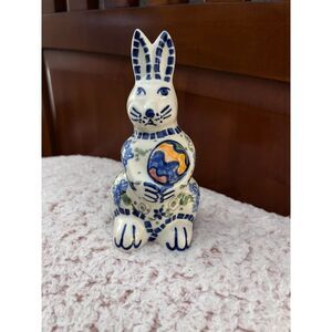 Boleslawiec Polish Pottery Easter Bunny Figurine  Peacock  3" x 5"